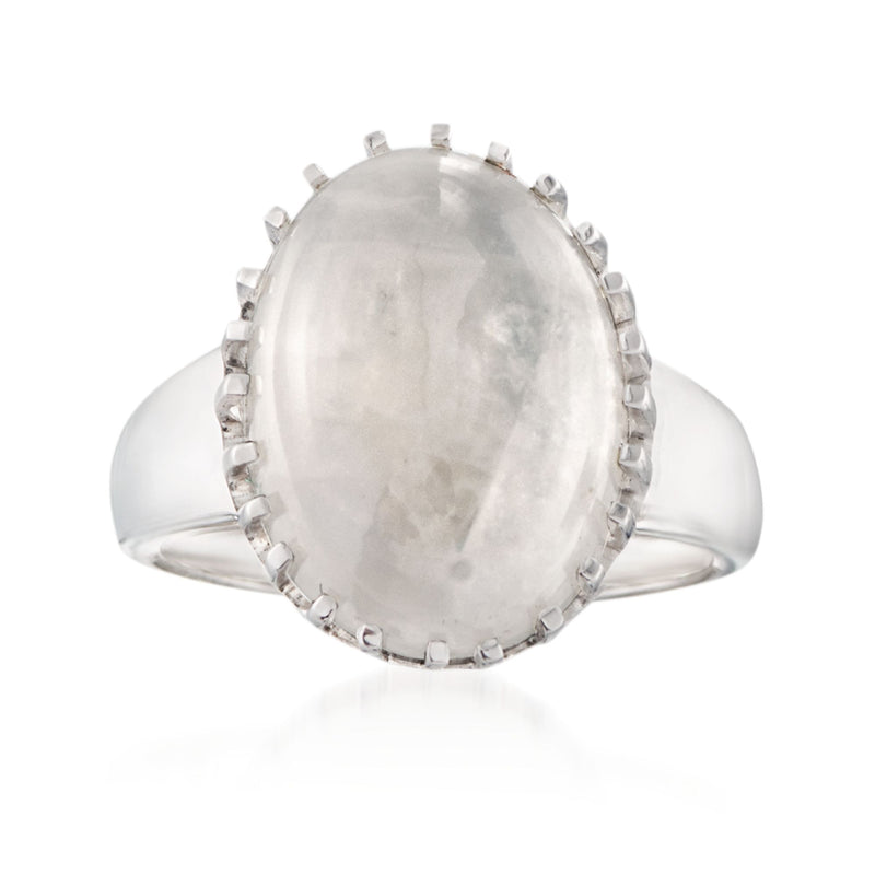 Sterling silver oval moonstone cabochon ring with beaded prong setting