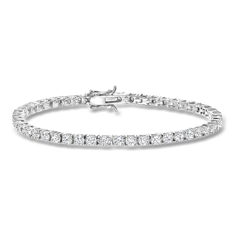 Sterling silver tennis bracelet with round CZ stones and box clasp.