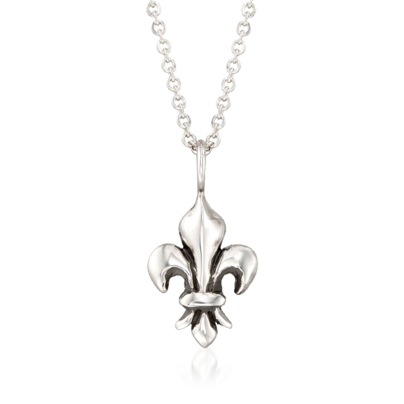 Sterling silver fleur-de-lis pendant necklace with linked chain and teardrop bail