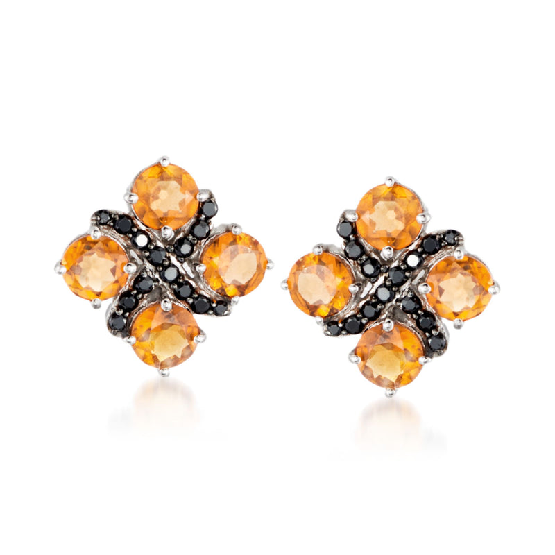 Sterling silver gemstone cluster stud earrings with orange and black stones