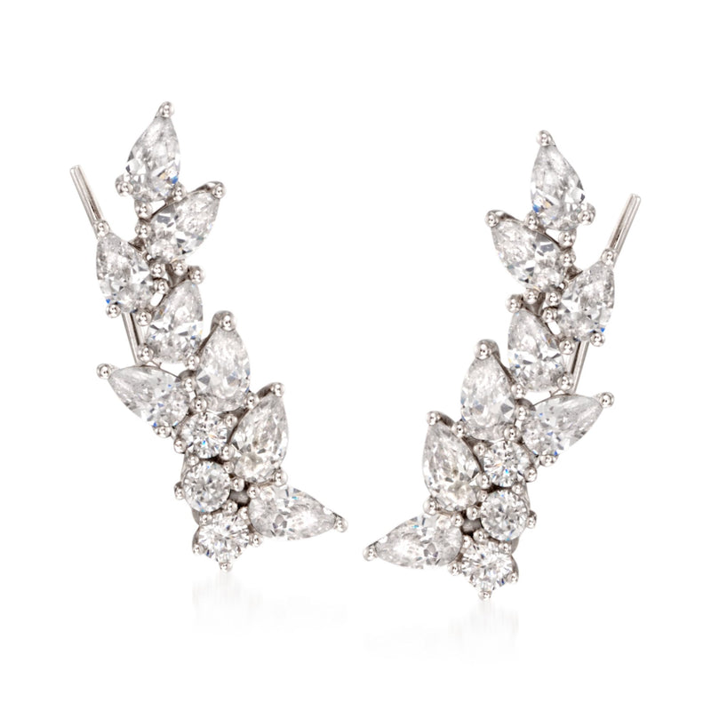 Sterling silver CZ cluster ear crawler earrings with clear stones, earwire