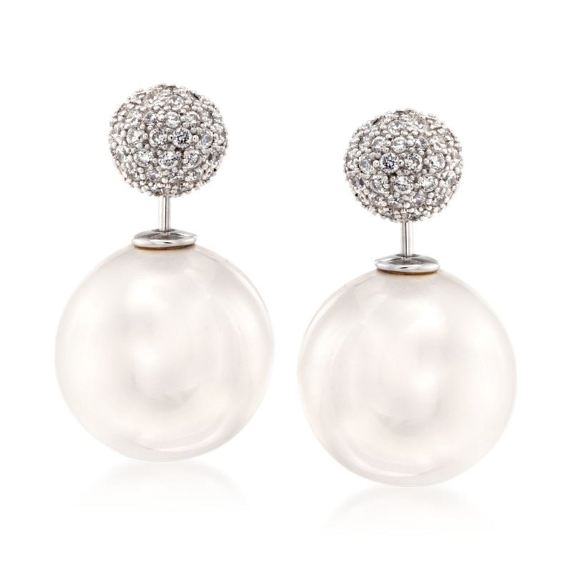 Shell pearl and CZ front-back drop earrings in sterling silver