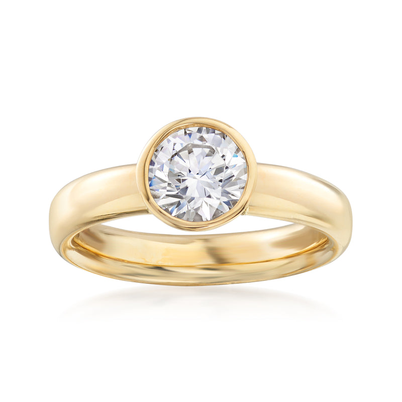 14kt yellow gold bezel-set round CZ ring on smooth polished band
