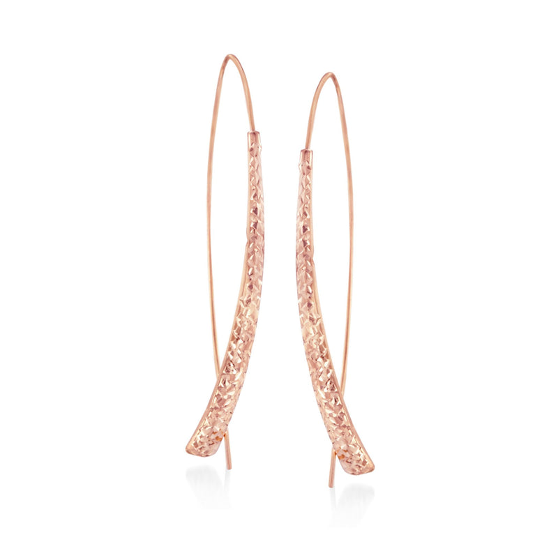 Rose gold diamond-cut curve drop earrings with long linear curved drops on ear wires