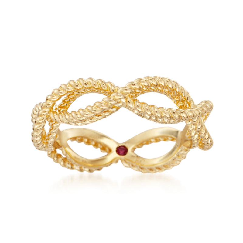 18kt yellow gold braided ring with openwork design and red gemstone detail