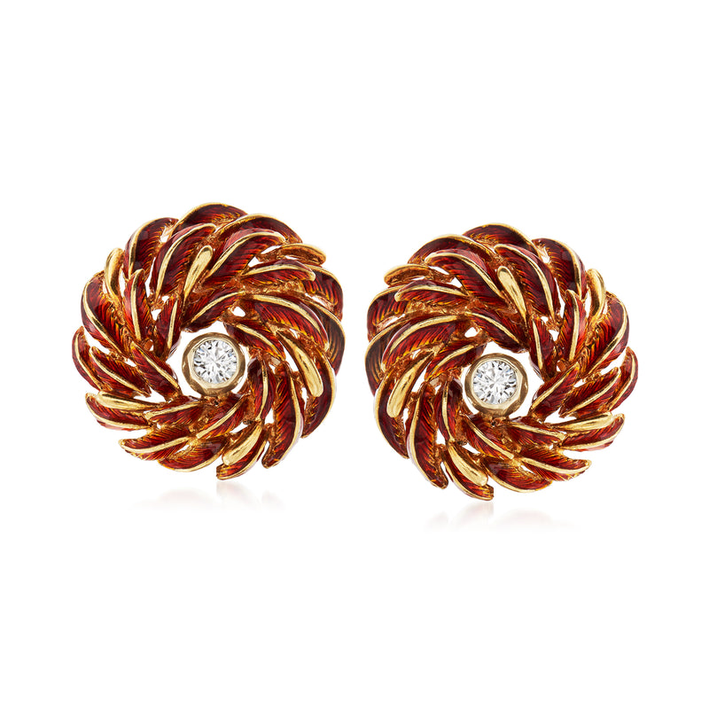 Vintage gold flower clip earrings with diamond-like centers and red enamel swirls