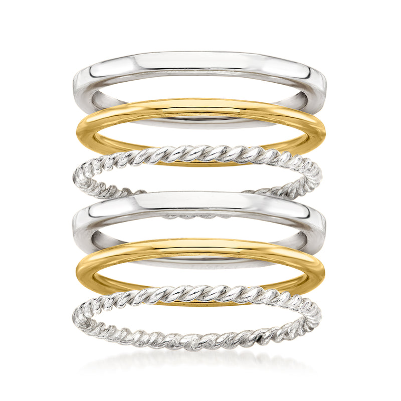 Stackable ring set of polished silver and 18kt gold over sterling bands