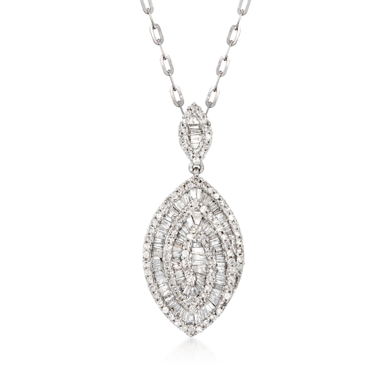 14kt white gold diamond pendant with oval pear double halo of baguette and round stones