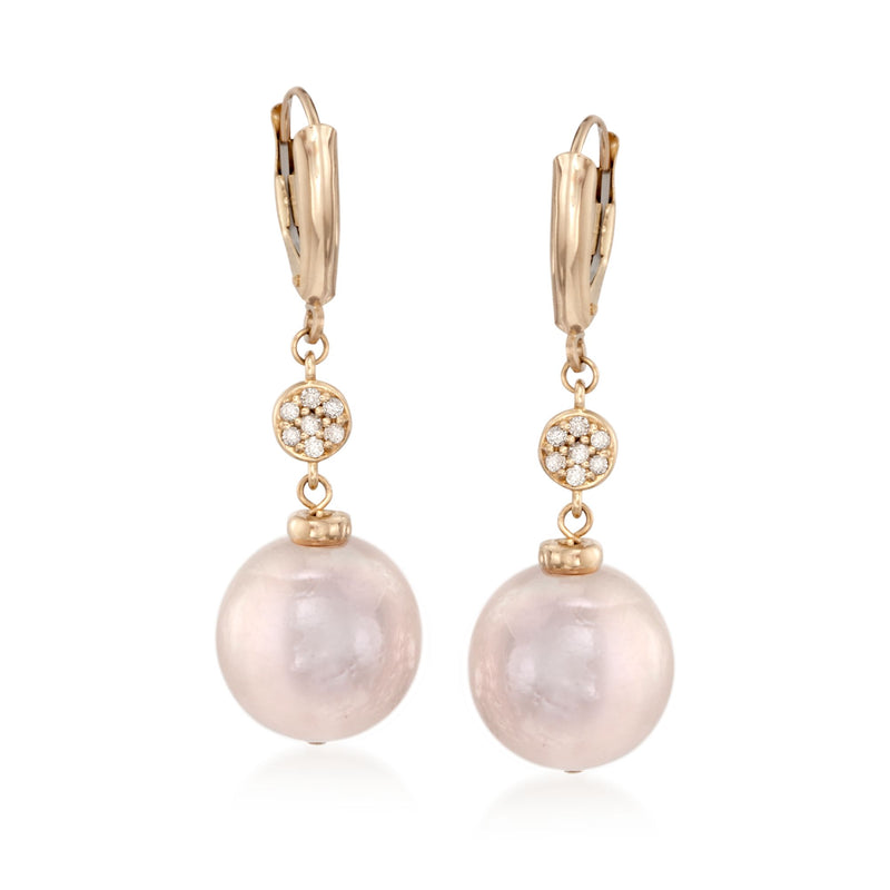 Pink pearl drop earrings with diamond clusters, 14kt yellow gold leverback.