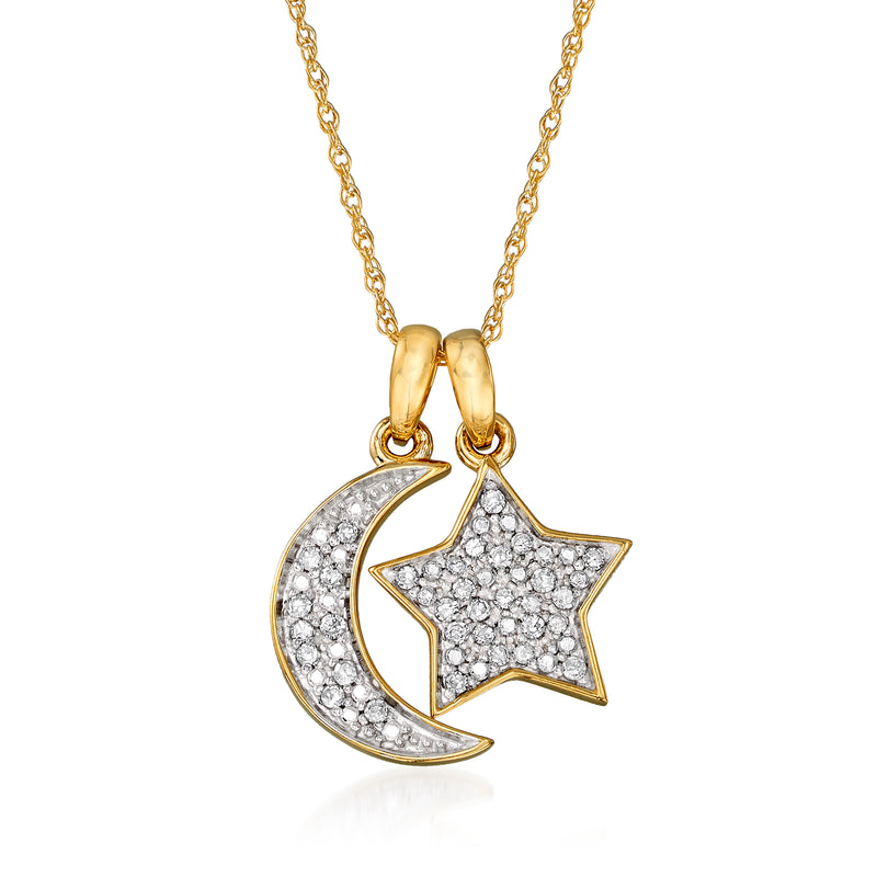 14kt yellow gold diamond pave moon and star charm necklace on gold chain