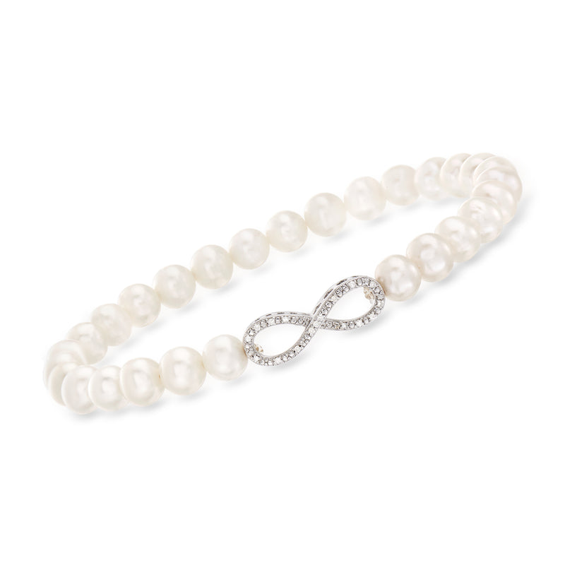 Cultured pearl infinity symbol stretch bracelet with diamond accents in sterling silver