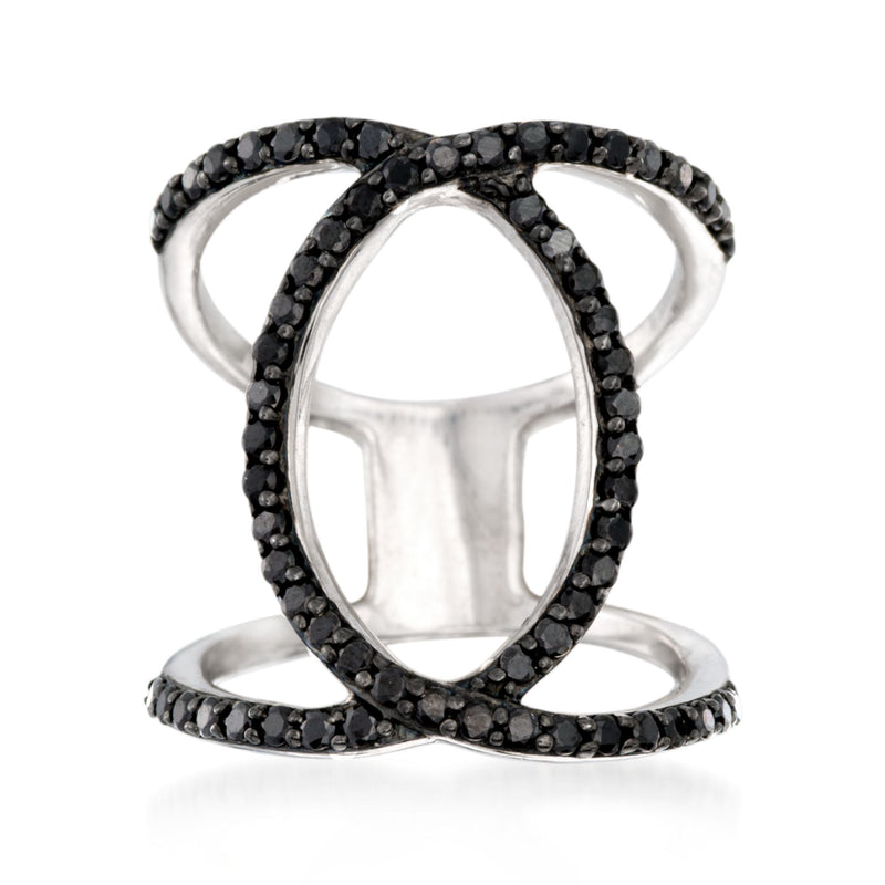 Open loop ring in sterling silver with black spinel accents