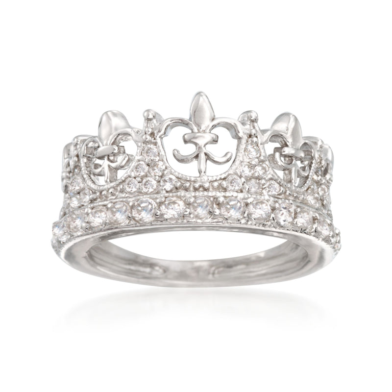 Sterling silver fleur-de-lis crown ring with CZ stones