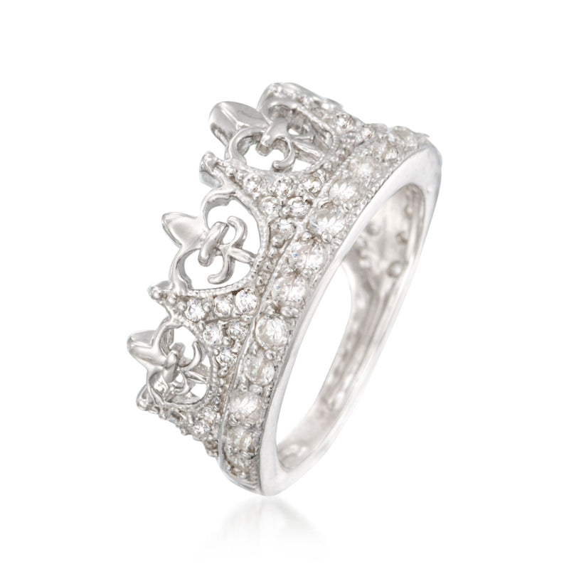 Sterling silver CZ crown ring, angled view showing raised fleur-de-lis centerpiece