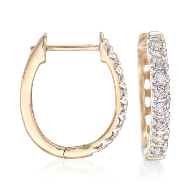 14kt yellow gold diamond huggie hoop earrings, front and side views