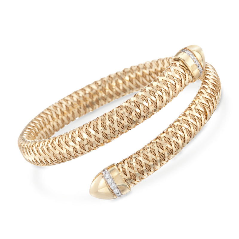 Roberto Coin Primavera 18kt yellow gold diamond flex cuff bracelet with woven mesh and oval stones