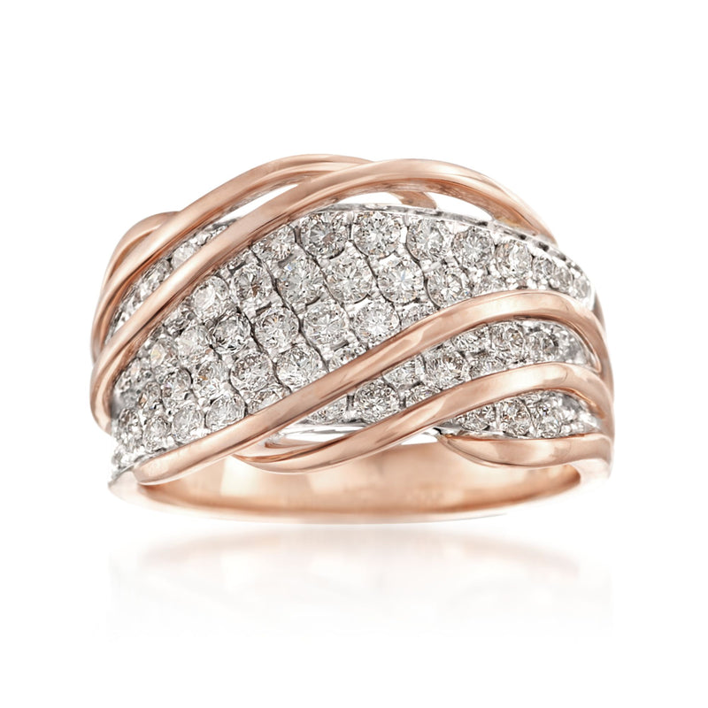 18kt rose gold diamond twist ring with round pave diamonds, wide band