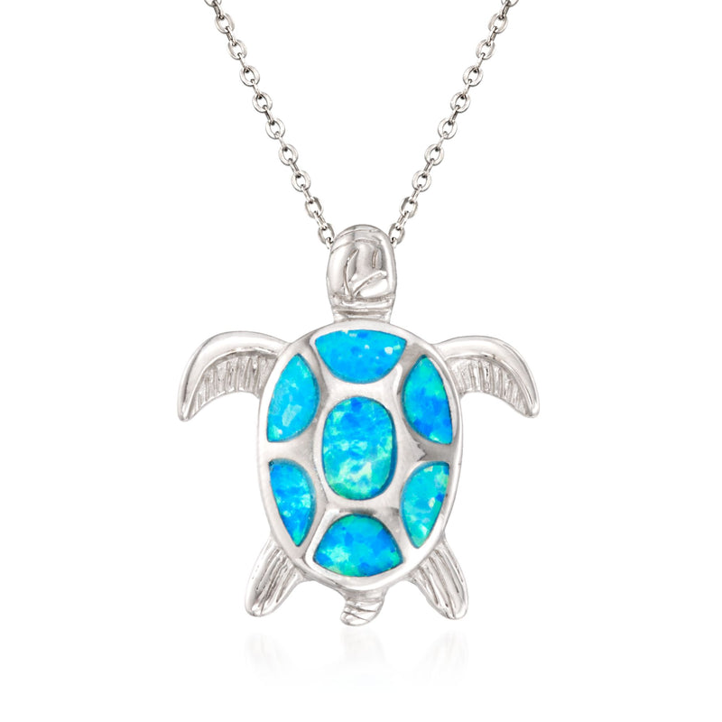 Sterling silver turtle pendant necklace with blue opal-like stones
