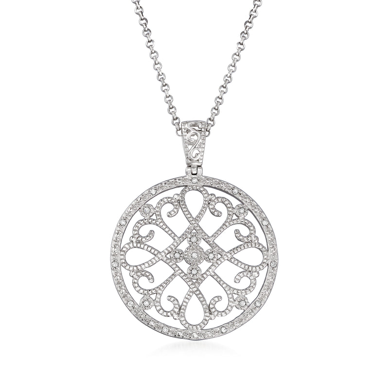 Sterling silver round filigree pendant necklace with diamond accents on chain