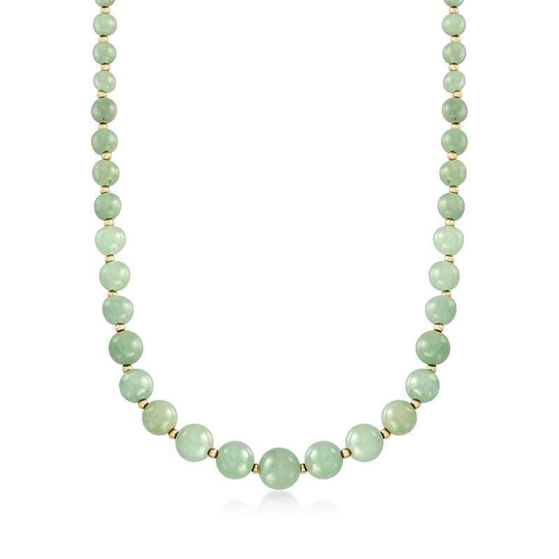 Graduated green jade bead necklace with yellow gold chain