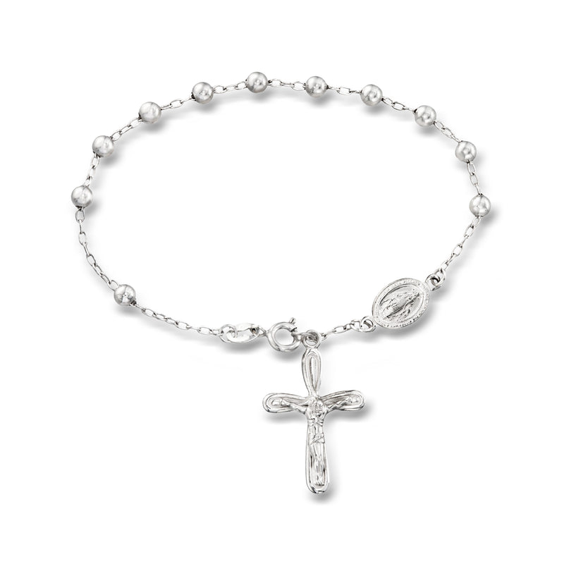 Sterling silver rosary-style bracelet with cross charm and oval link chain