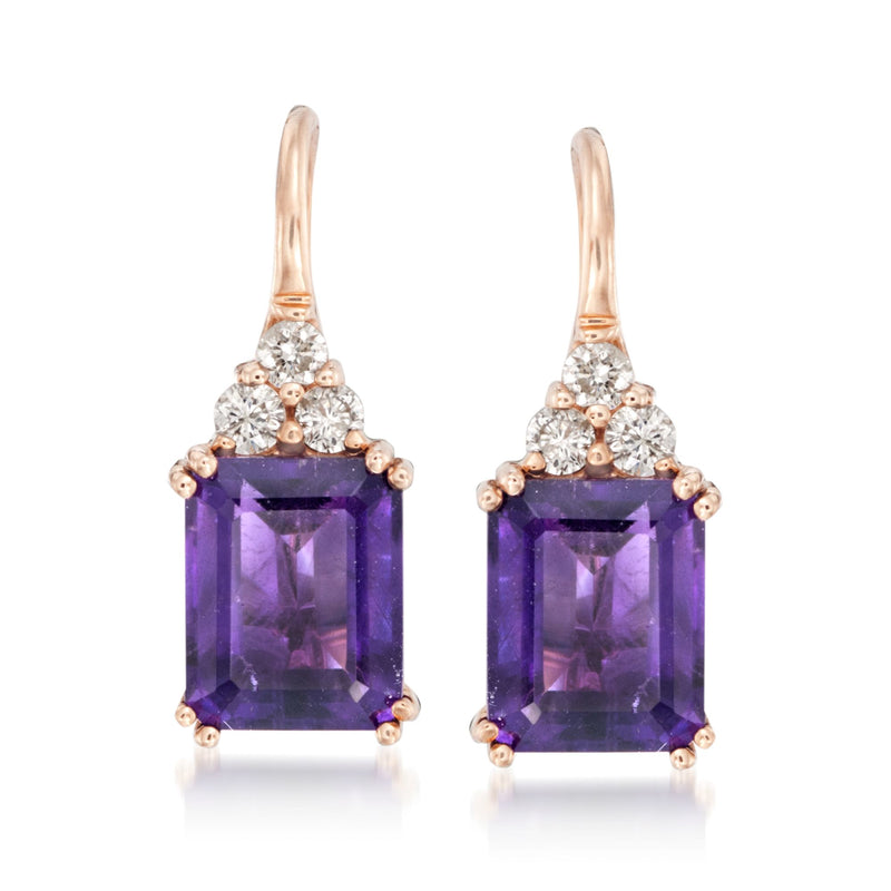 Rose gold amethyst and diamond leverback earrings with square purple gemstone and round diamond halo