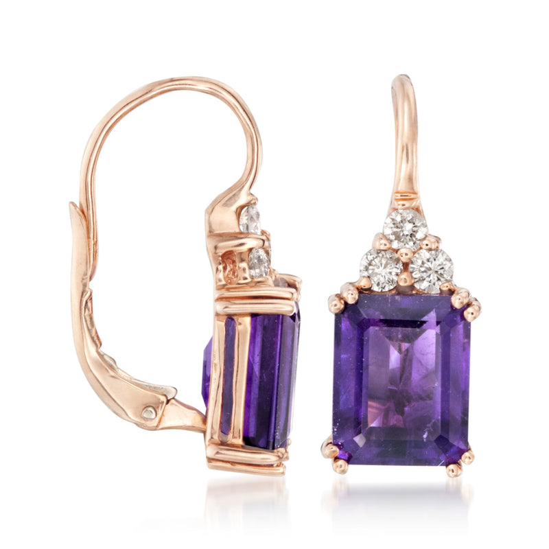 Rose gold amethyst and diamond leverback earring showing hinged back and purple square stone