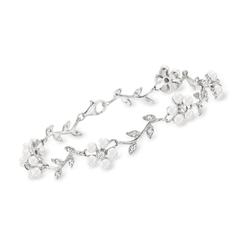 Sterling silver floral bracelet with cultured pearls and CZ sparkle accents