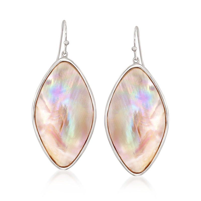 Sterling silver earwire drop earrings with pink iridescent mother-of-pearl oval slice