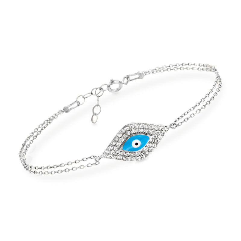 Sterling silver evil eye bracelet with CZ and blue enamel center