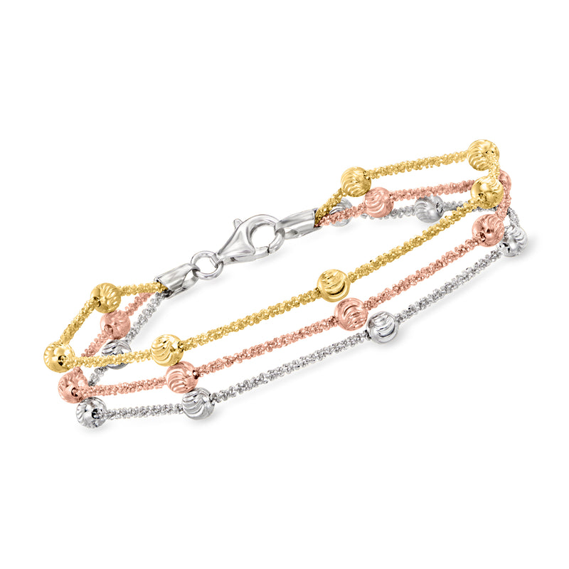 Tri-strand sterling silver bead station bracelet with gold/rose beads and lobster clasp