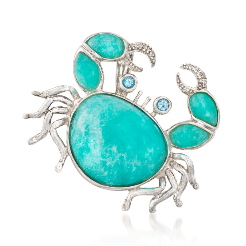 Turquoise amazonite crab pendant with sterling silver claws, blue gemstone accents and CZ details