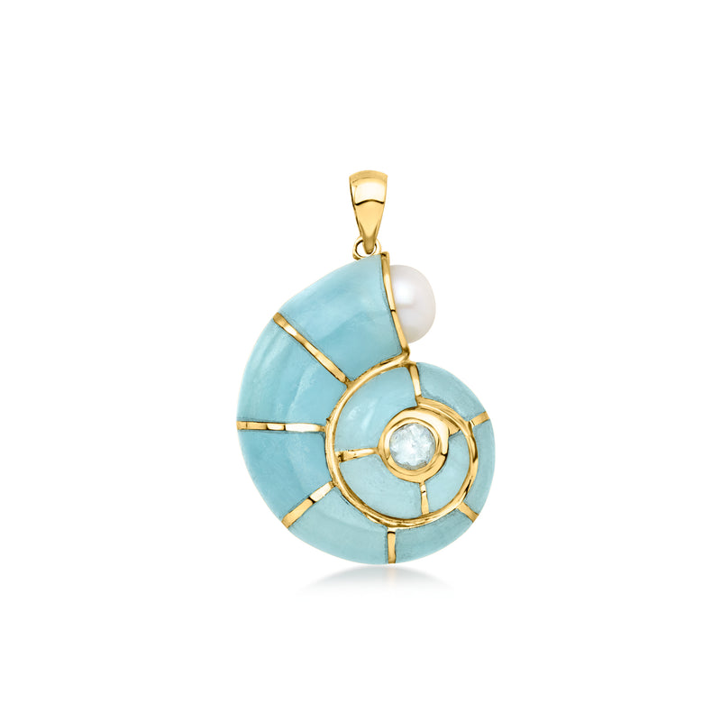 14kt yellow gold blue shell pendant with cultured pearl and round center stone