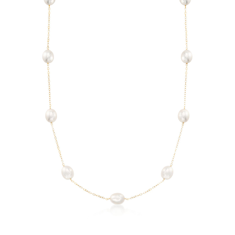 14kt yellow gold cultured pearl station necklace with five white pearls