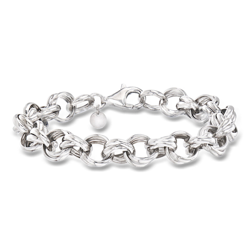 Double rolo-link sterling silver bracelet with round charm drop