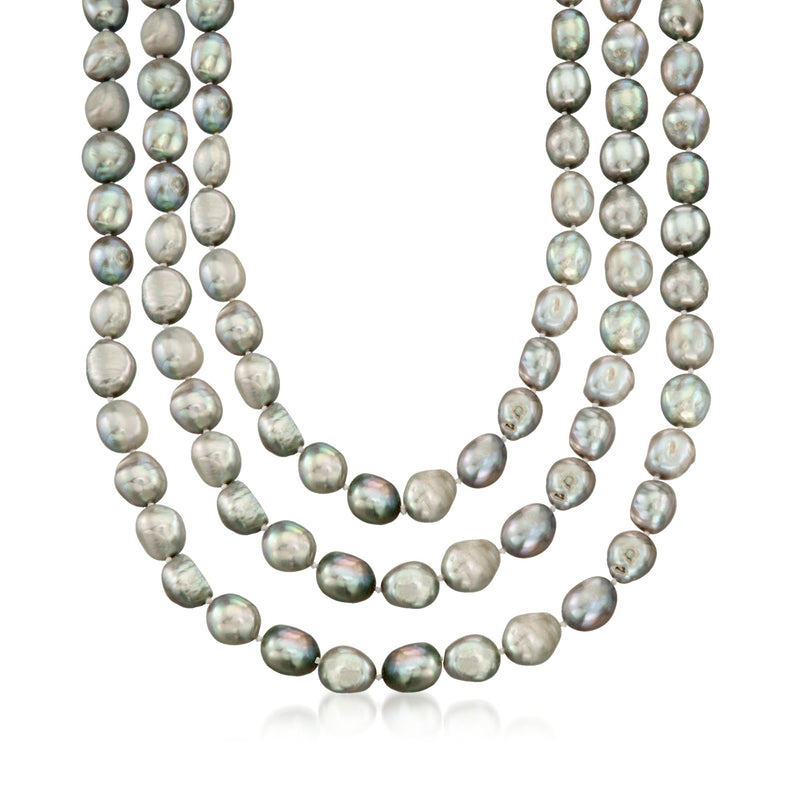 Endless necklace with gray baroque cultured pearls, multi-strand loop, 10–11mm