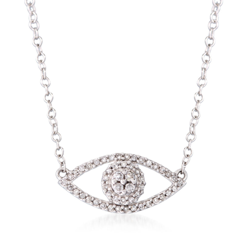 14kt white gold diamond evil eye necklace with pavé center pendant