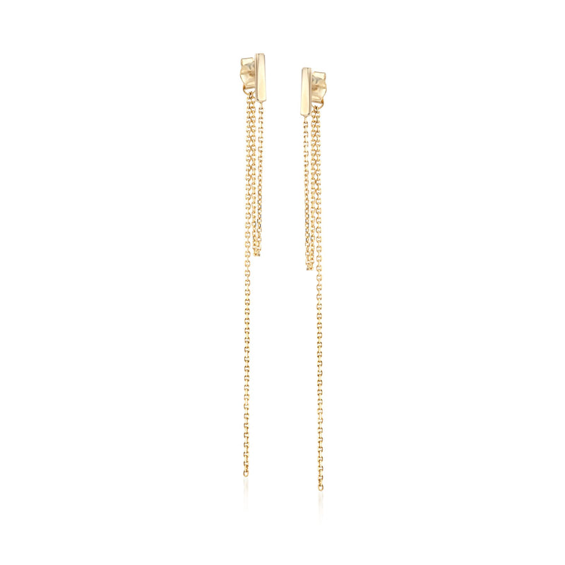 14kt yellow gold bar drop earrings with long chain fringe