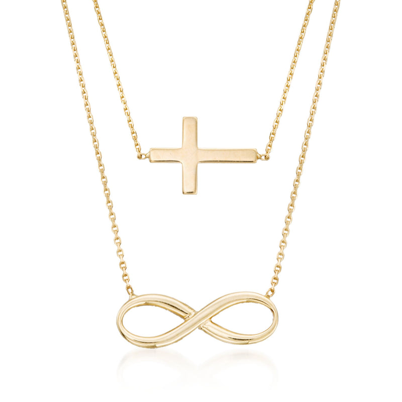 14kt yellow gold layered necklace with infinity charm and cross pendant