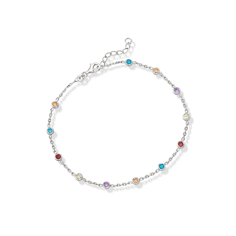 Sterling silver multicolored CZ station anklet with round gemstone accents and chain