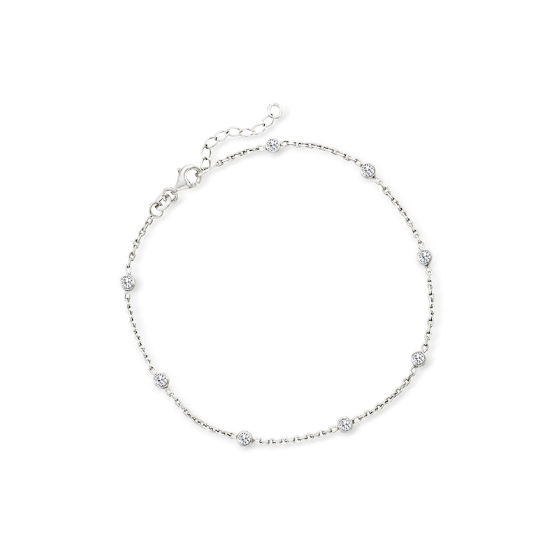 Sterling silver CZ station anklet with small round clear stones, linked chain and clasp