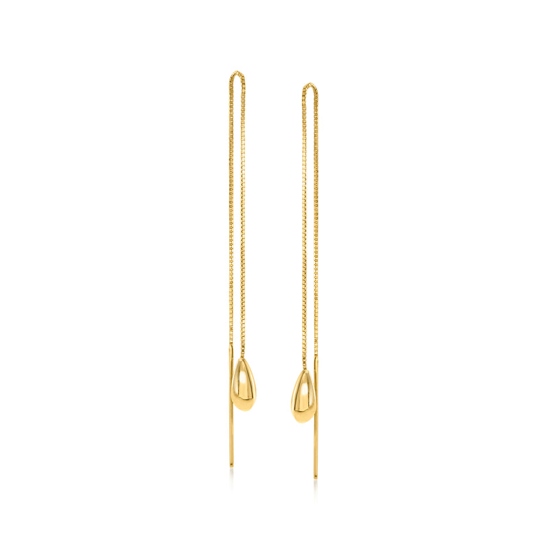 14kt yellow gold teardrop threader earrings, slim chains with drop charm