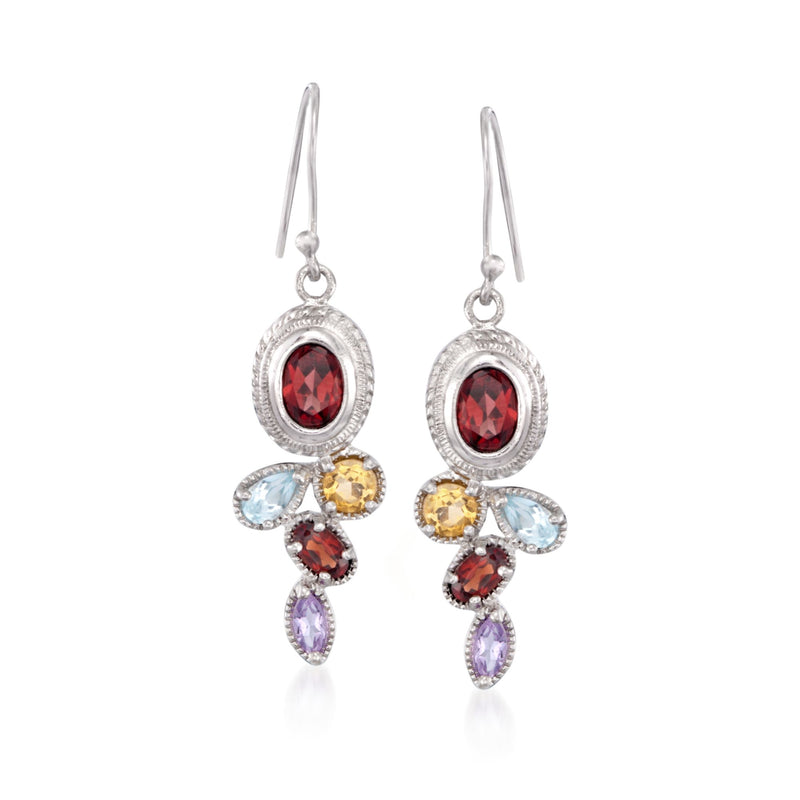 Sterling silver drop earrings with oval red center and blue, yellow, and purple gemstones