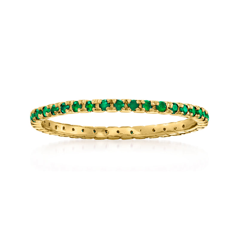 14kt yellow gold eternity band with emerald-green gemstone rows