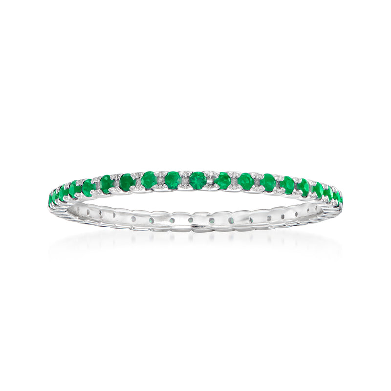 14kt white gold eternity band with round green and clear gemstones, slim profile