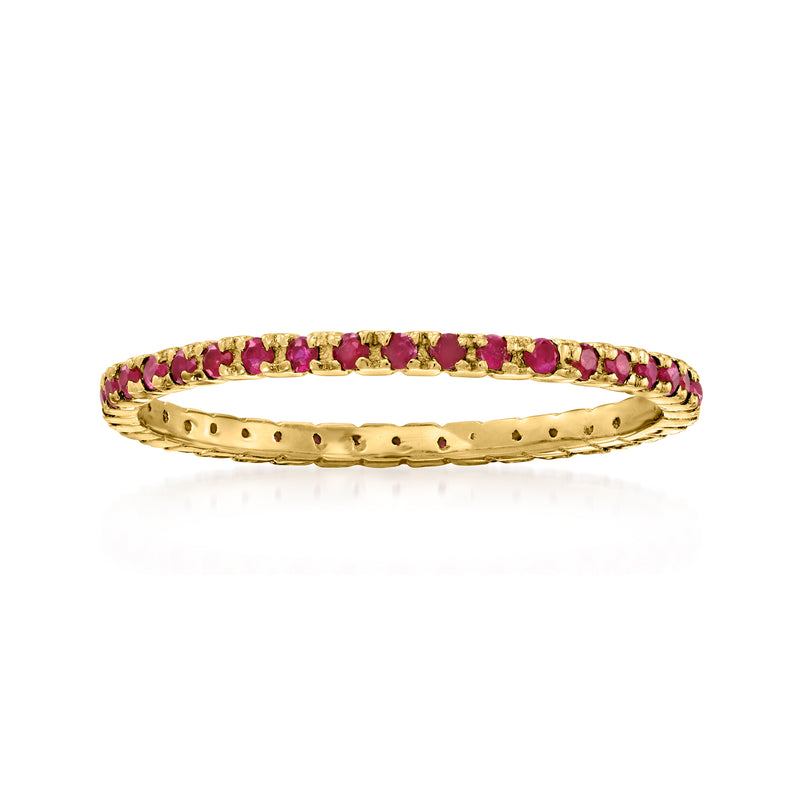 14kt yellow gold eternity band with oval ruby gemstone rows