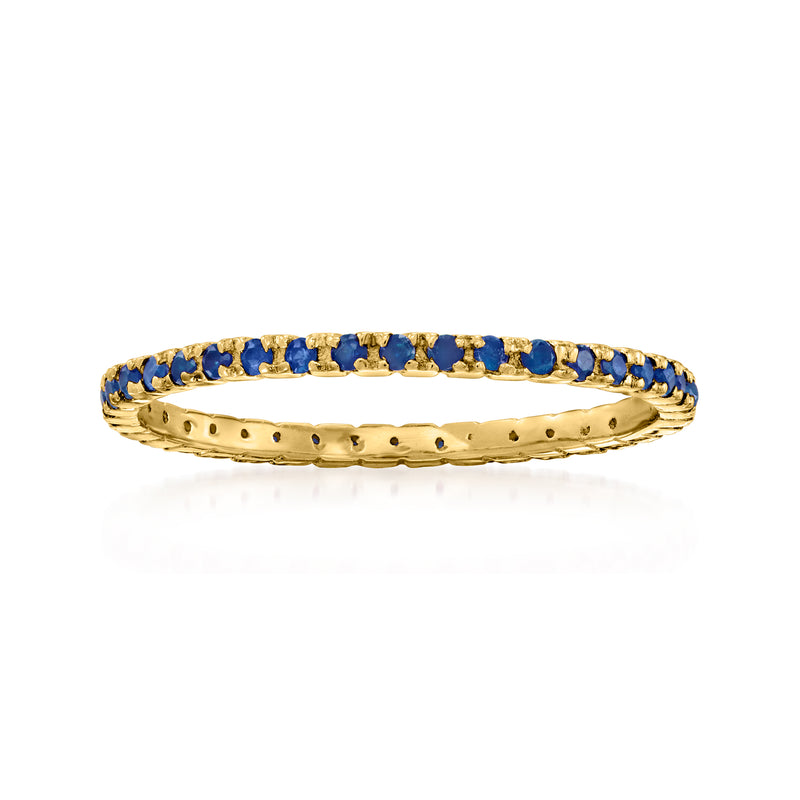 14kt yellow gold sapphire eternity band with blue gemstone row across top