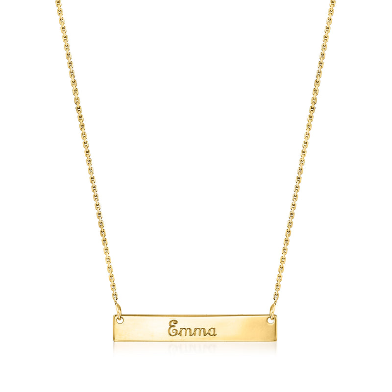 14kt yellow gold personalized petite bar necklace with engraved “Emma” on a slim bar