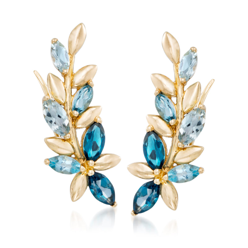 14kt yellow gold floral vine ear crawler earrings with blue oval gemstones