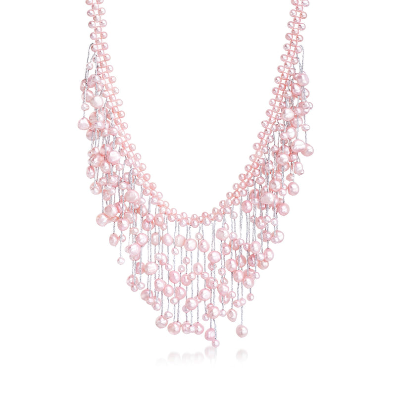 Pink cultured pearl fringe necklace with sterling silver chain and dangling drops